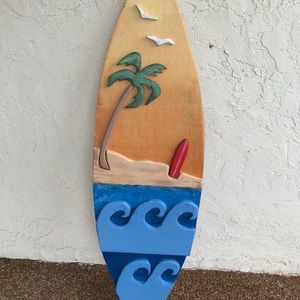 Solid wood 3D surfboard with palm tree and waves